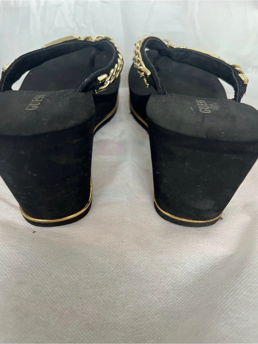 GUESS Black Wedge Sandals with Gold Chain Accent